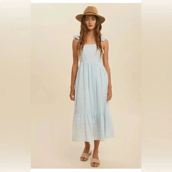 In Loom Dresses & Skirts - In-Loom Eyelet Lace Smocked Pale Blue Midi Dress Women's